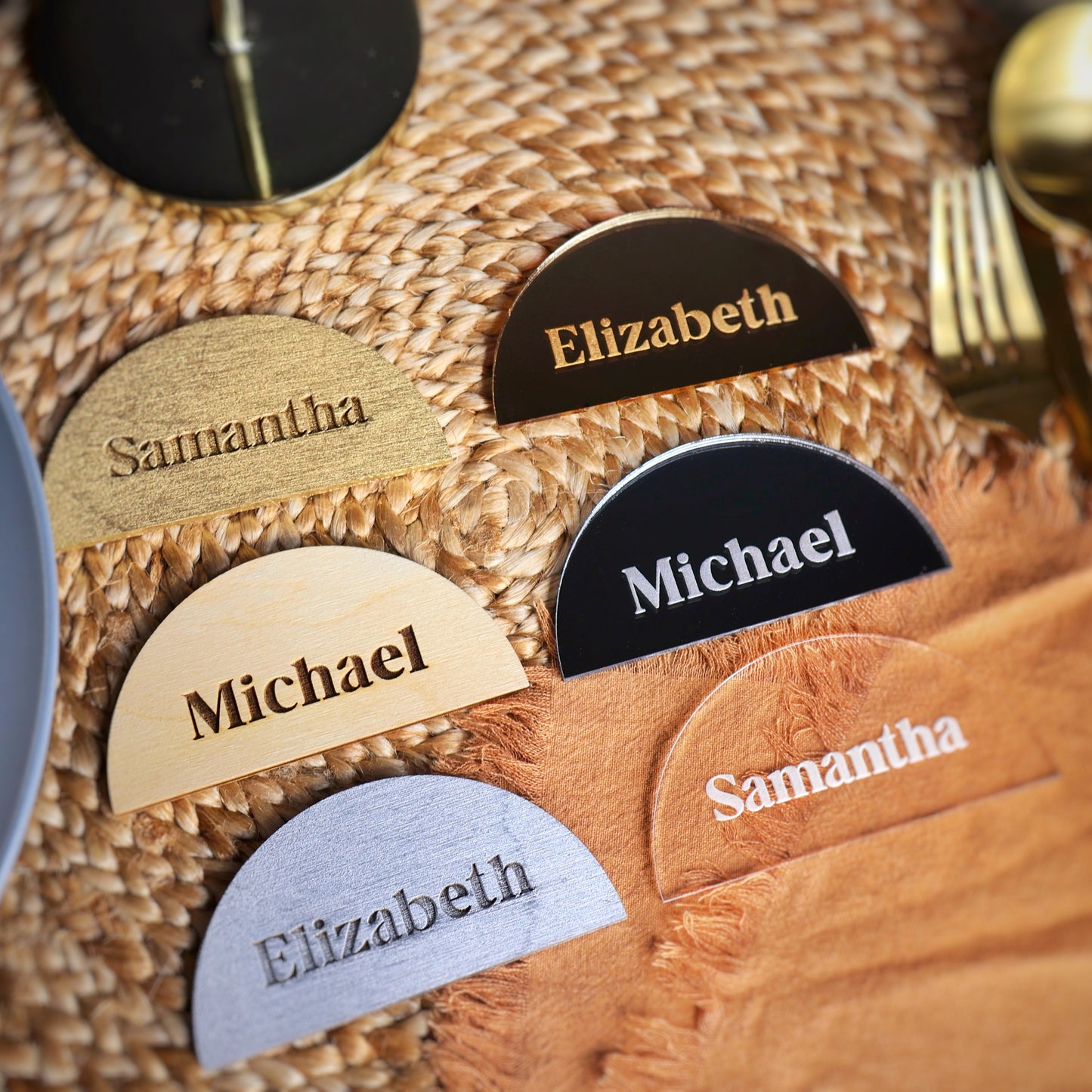 semicircle acrylic wood name plate name cards wedding name place cards name place setting wood name card napkin half circle tag acrylic name tags name tags rustic wedding wooden wedding decor wedding place cards Wedding decoration Wedding place card