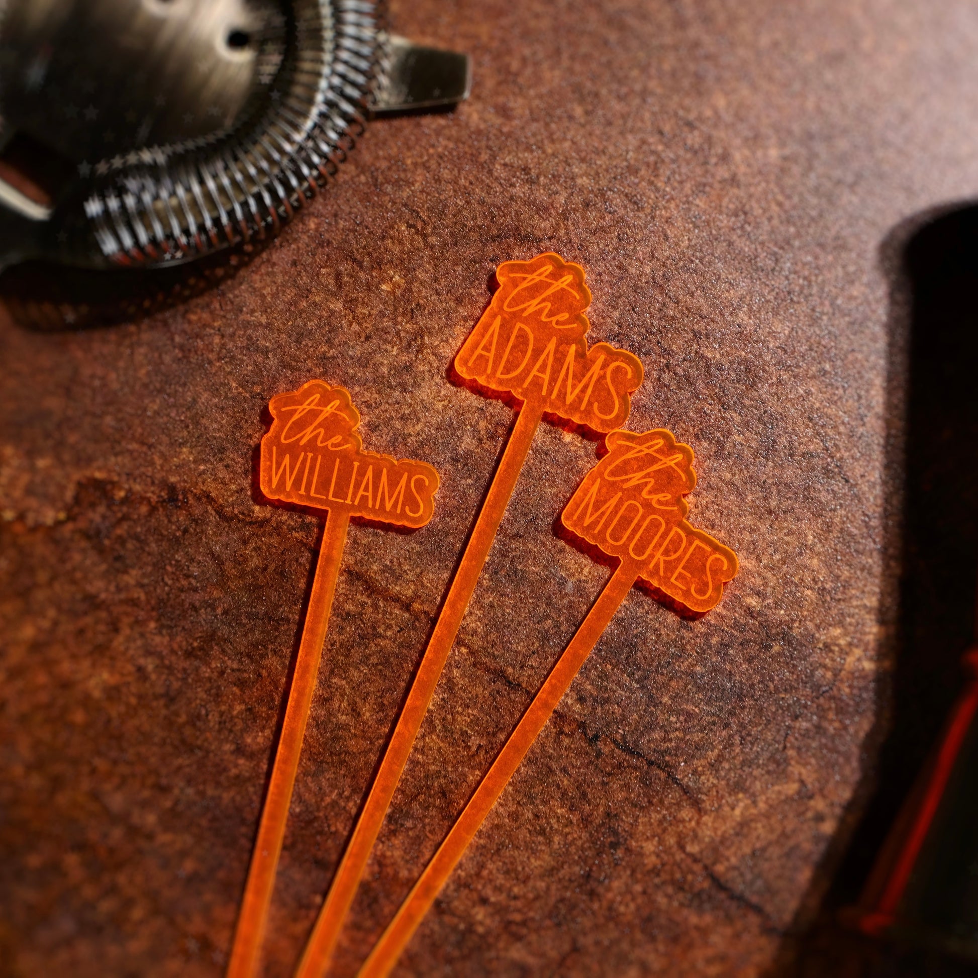 orange offset last name colored acrylic engraved drink stirrers custom wedding drink stirrers personalized acrylic cocktail stir sticks custom drink charm bespoke event swizzle sticks drink topper birthday party last name date celebration