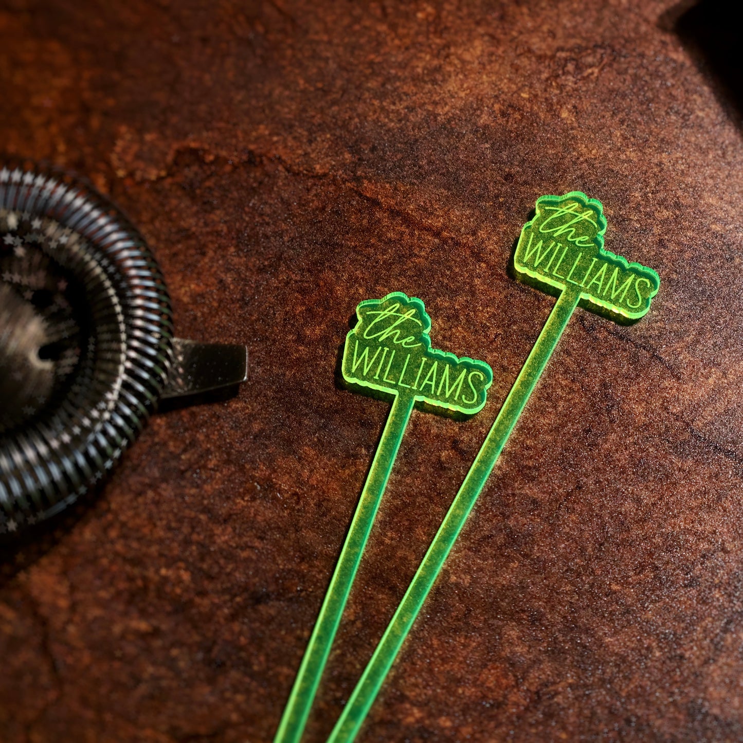 neon green offset last name acrylic engraved drink stirrers custom wedding drink stirrers personalized acrylic cocktail stir sticks custom drink charm bespoke event swizzle sticks drink topper birthday party last name date celebration