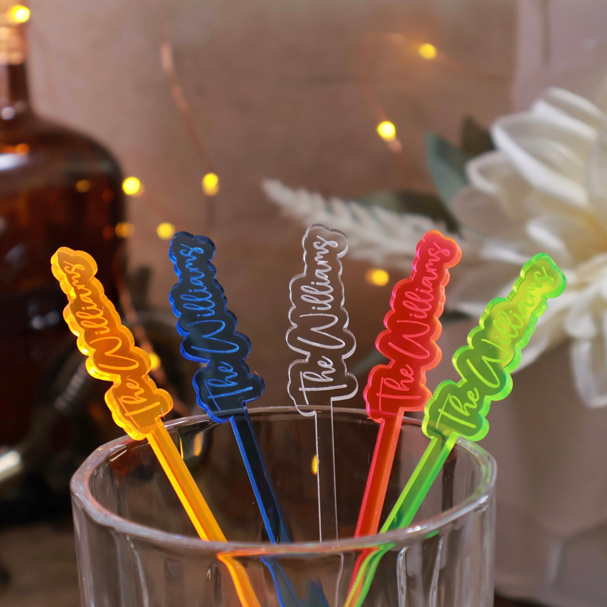 clear blue neon green pink orange acrylic engraved drink stirrers custom wedding drink stirrers personalized acrylic cocktail stir sticks custom drink charm bespoke event swizzle sticks drink topper birthday party last name date celebration