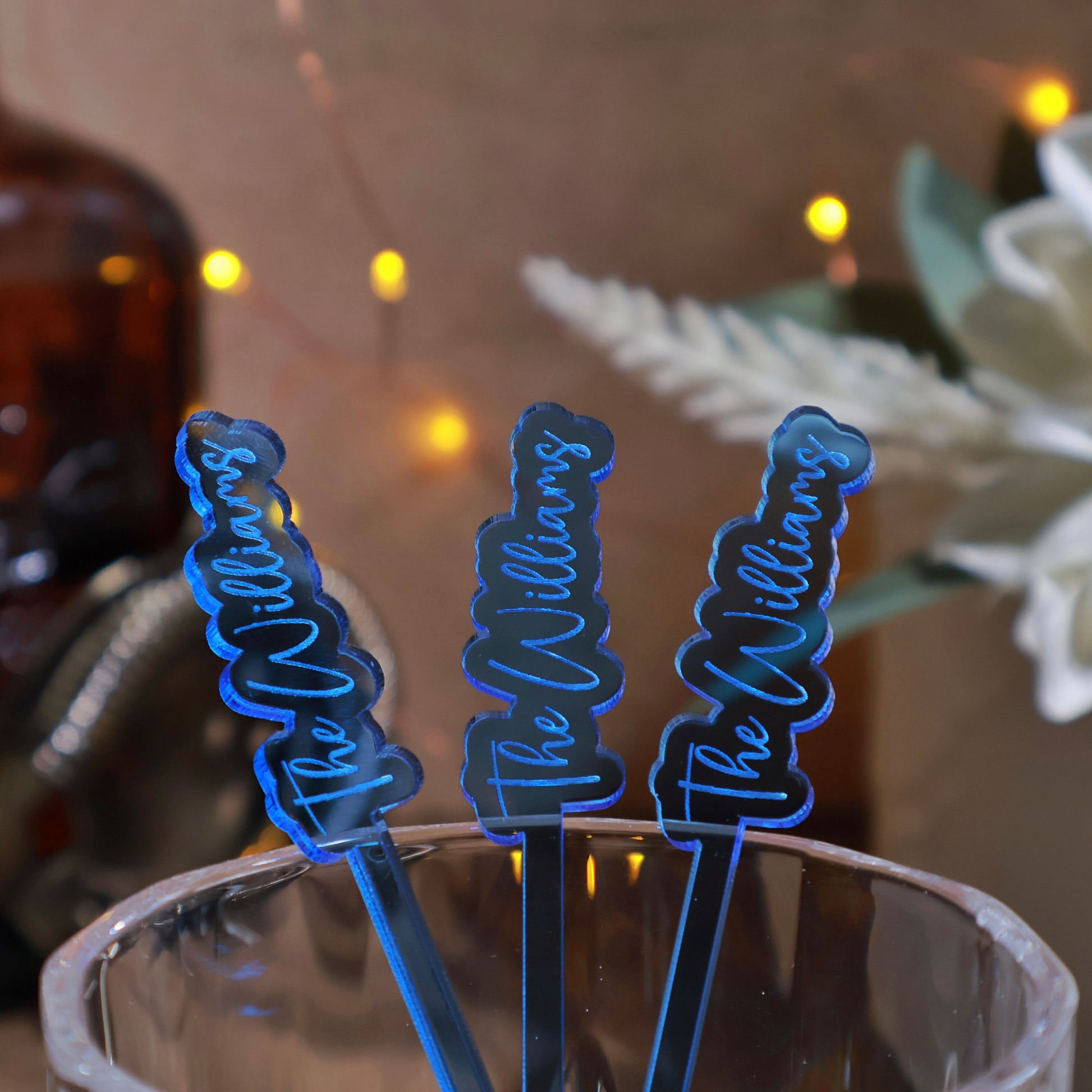 blue acrylic engraved drink stirrers custom wedding drink stirrers personalized acrylic cocktail stir sticks custom drink charm bespoke event swizzle sticks drink topper birthday party last name date celebration