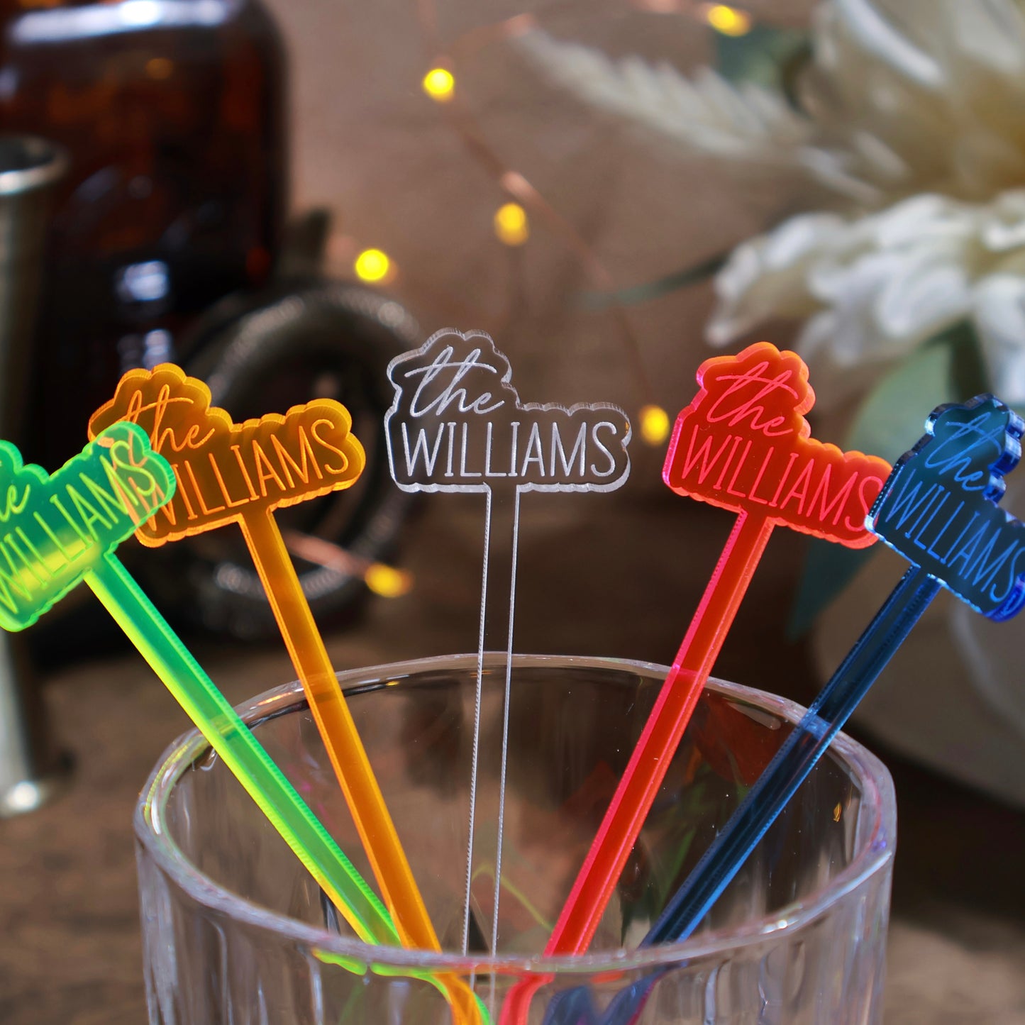 offset last name colored acrylic engraved drink stirrers custom wedding drink stirrers personalized acrylic cocktail stir sticks custom drink charm bespoke event swizzle sticks drink topper birthday party last name date celebration