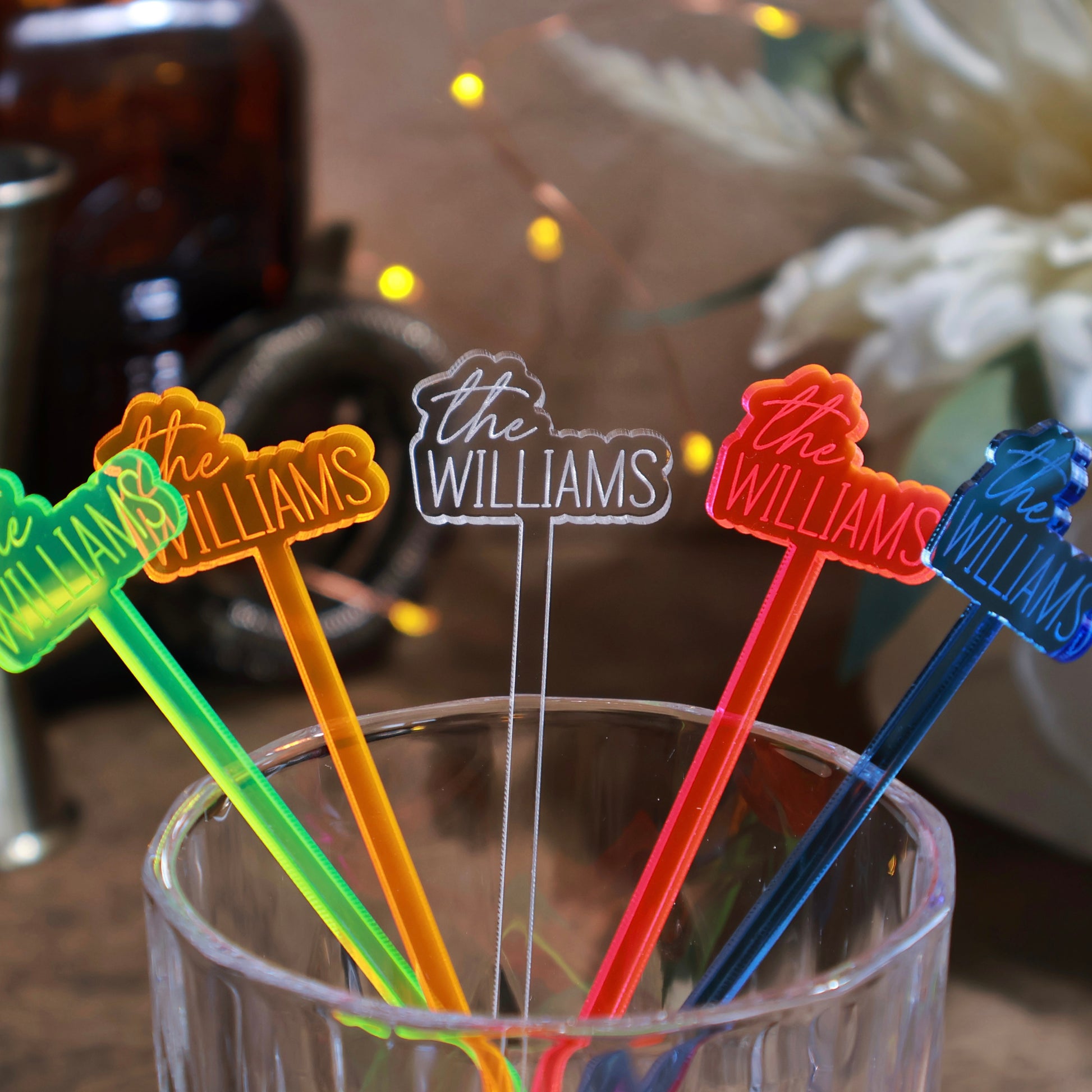 offset last name colored acrylic engraved drink stirrers custom wedding drink stirrers personalized acrylic cocktail stir sticks custom drink charm bespoke event swizzle sticks drink topper birthday party last name date celebration