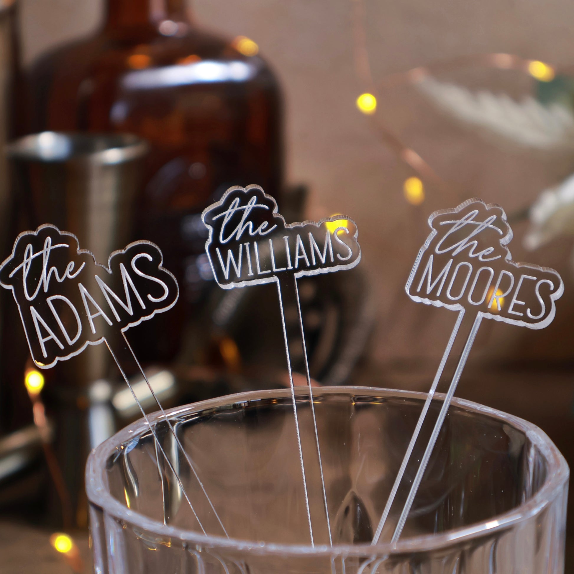 offset last name colored acrylic engraved drink stirrers custom wedding drink stirrers personalized acrylic cocktail stir sticks custom drink charm bespoke event swizzle sticks drink topper birthday party last name date celebration