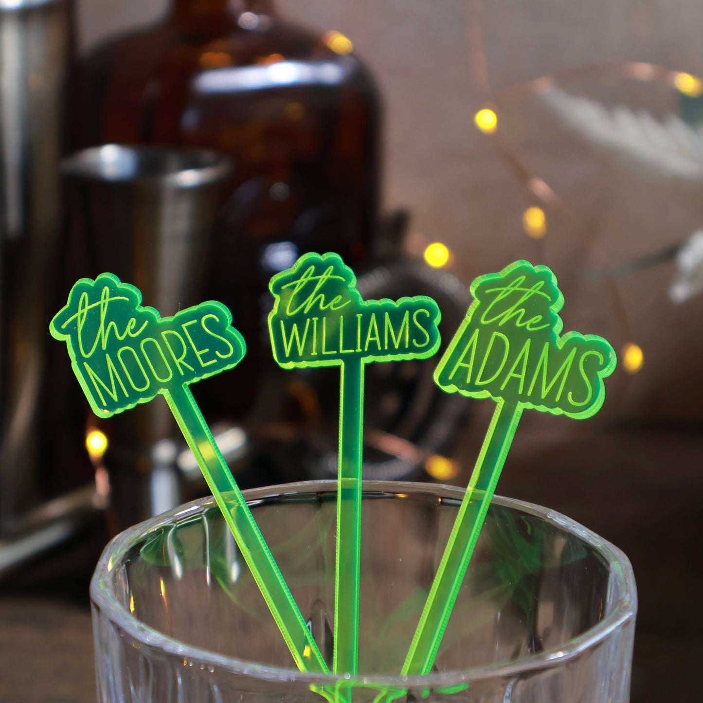 neon green offset last name acrylic engraved drink stirrers custom wedding drink stirrers personalized acrylic cocktail stir sticks custom drink charm bespoke event swizzle sticks drink topper birthday party last name date celebration