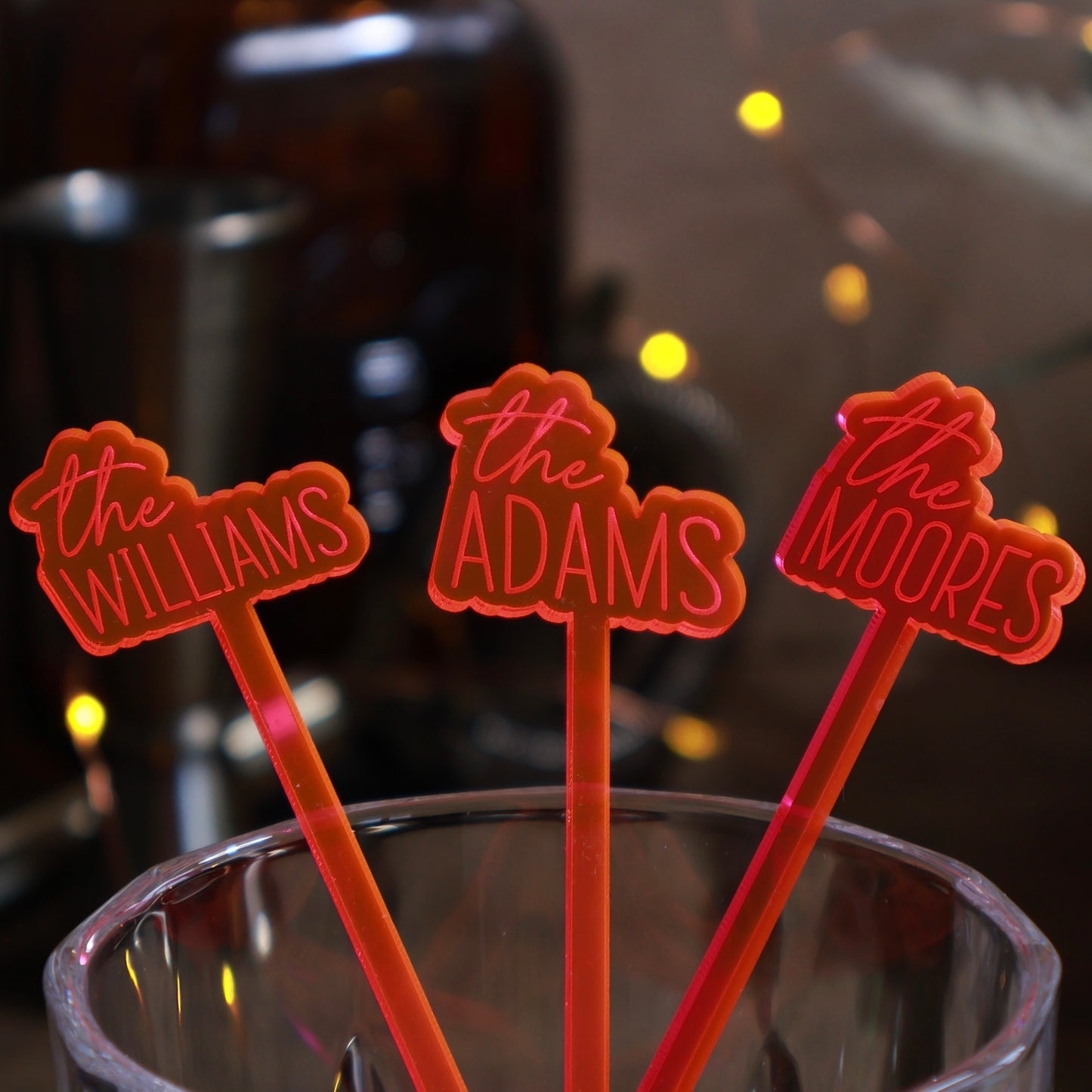 offset last name colored acrylic engraved drink stirrers custom wedding drink stirrers personalized acrylic cocktail stir sticks custom drink charm bespoke event swizzle sticks drink topper birthday party last name date celebration