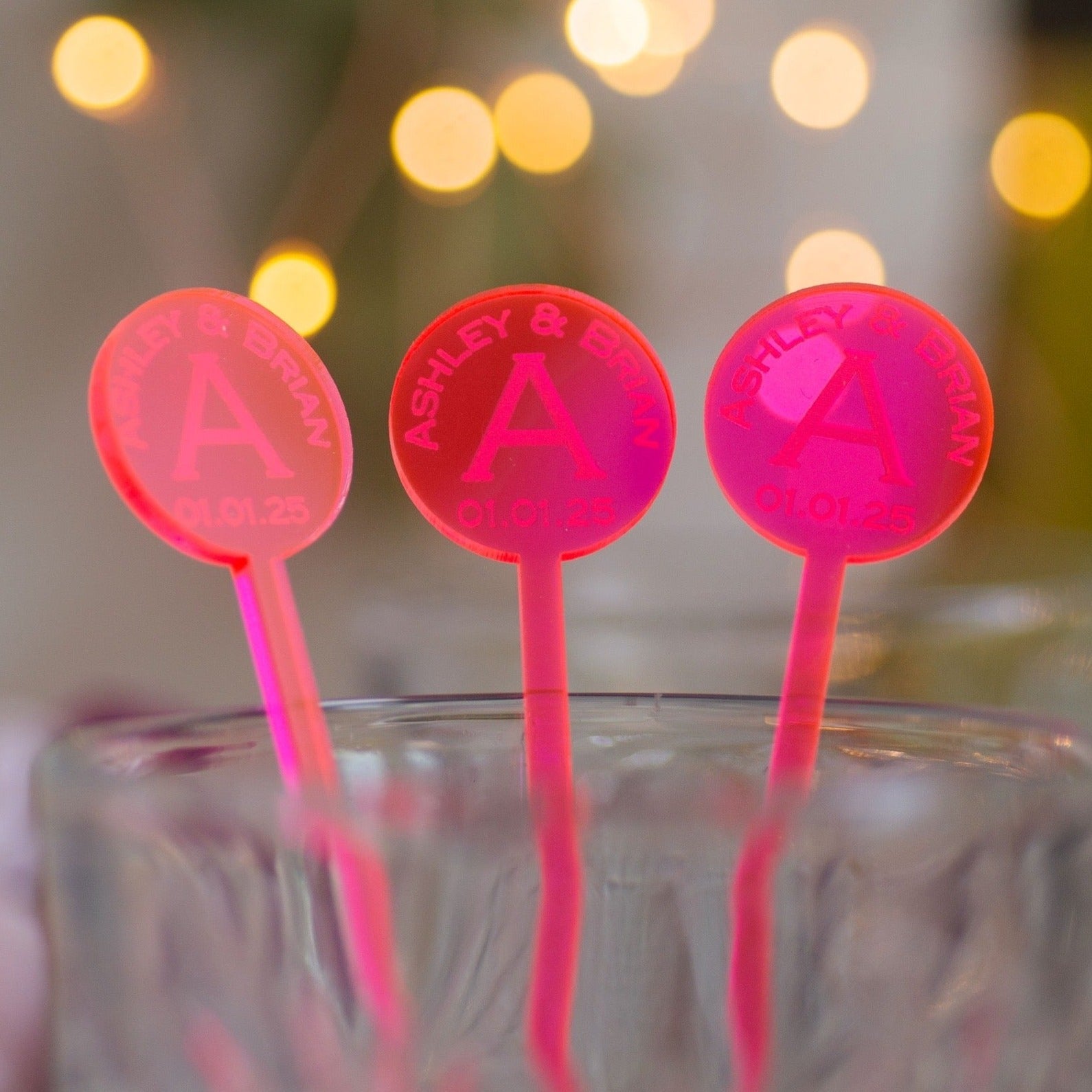 round names monogram date neon green acrylic engraved drink stirrers custom wedding drink stirrers personalized acrylic cocktail stir sticks custom drink charm bespoke event swizzle sticks drink topper birthday party last name date celebration