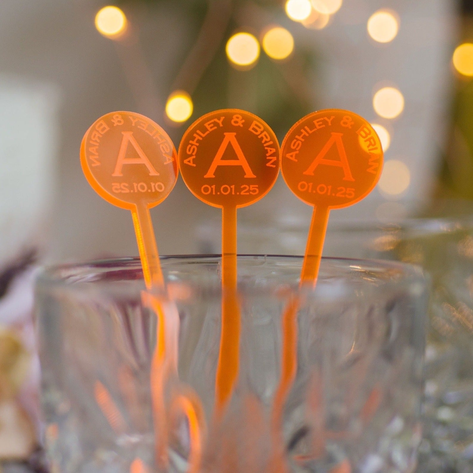 round names monogram date neon orange acrylic engraved drink stirrers custom wedding drink stirrers personalized acrylic cocktail stir sticks custom drink charm bespoke event swizzle sticks drink topper birthday party last name date celebration